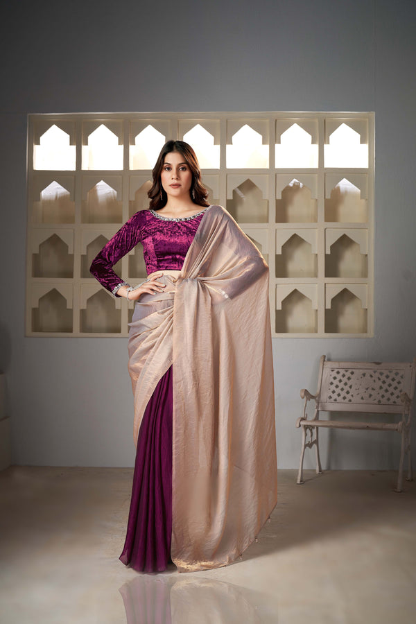 Maroon and Golden chiffon Organza Saree